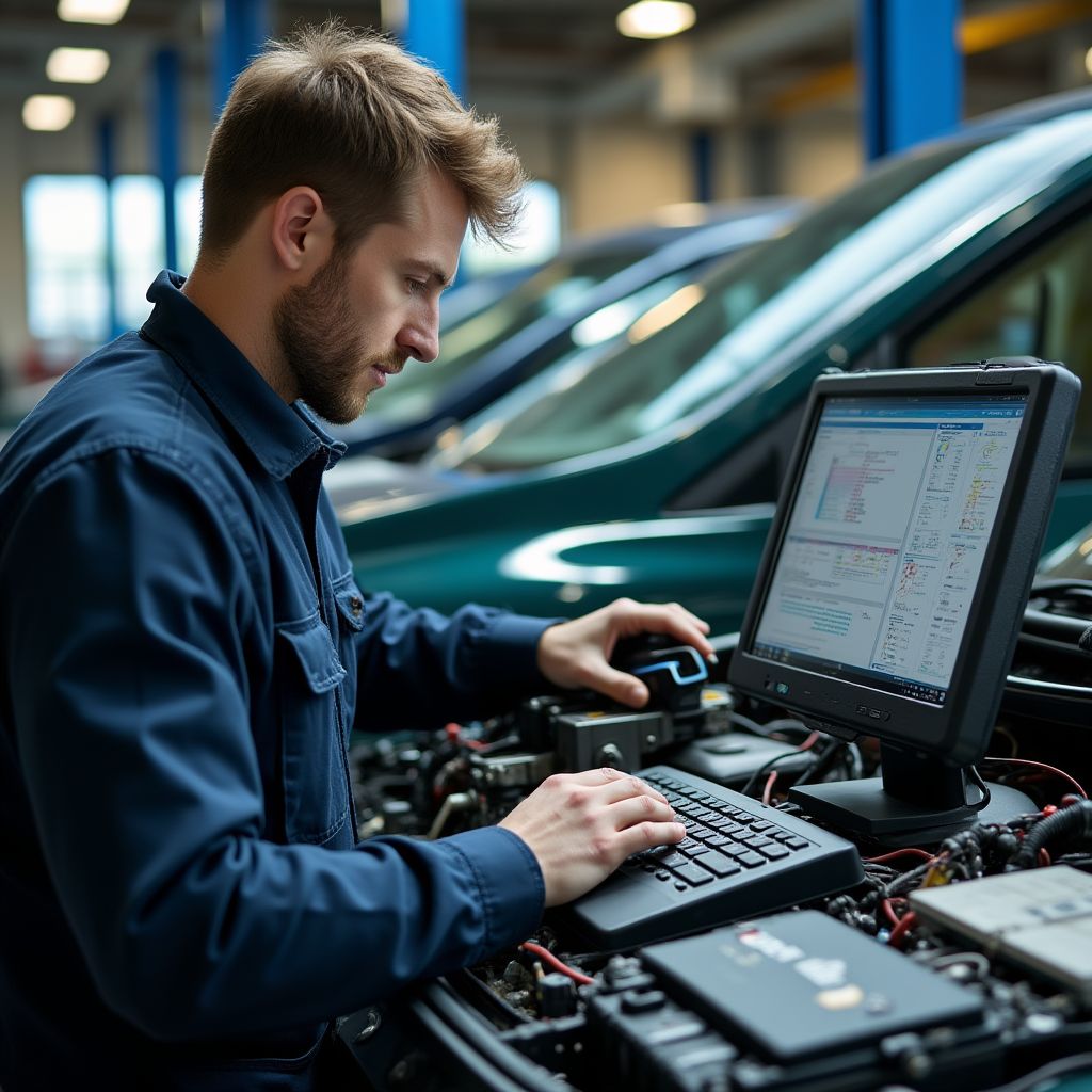 Technicien travaillant sur un véhicule électrique